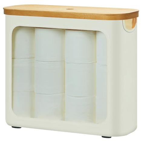 ROSOS Toilettenpapier Aufbewahrung, 28L Klopapier Aufbewahrung mit Bambus Deckel für 12 Rollen, Bambus Badezimmer Organizer, Aufbewahrung Toilettenpapier mit Deckel & Bambusgriff, Beige