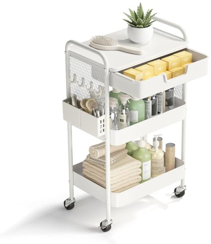 HIDODO 3 Tier Rolling Cart with Drawer, Metal Rolling Utility Cart on Wheels with Pegboard, Art Cart Storage Organizer with Tabletop for Living Room, Office, Bedroom (White)