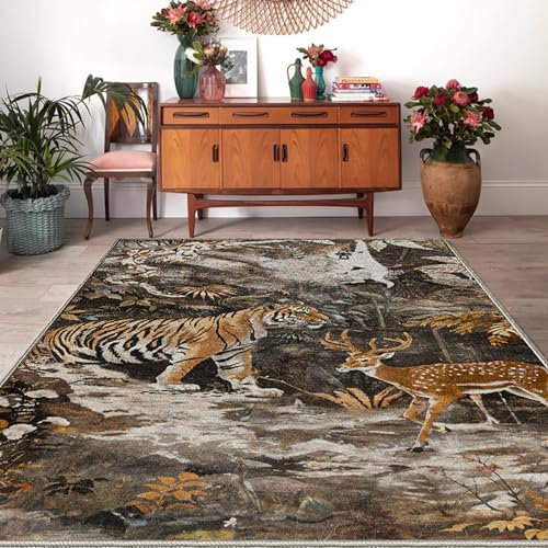 Neuer waschbarer Wohnzimmerteppich, rutschfeste Akzentteppiche, Schlafzimmer-Esszimmer-Flurteppich, weicher Kurzflorteppich, Vintage-Tierdruck, Gelbbraun-Grau, 120 x 170 cm Learned extensively