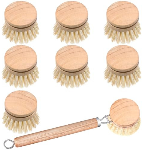 8 Pcs Wooden Dish Brush with Handle Bamboo Scrub Brush for Dishes with Dish Brush Replacement Head Dish Brush for Kitchen Cleaning Dishes