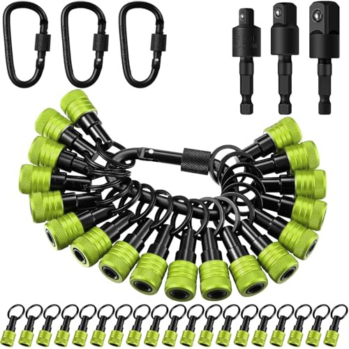 Threlaco 24 Pcs Bit Holder Keychain, 1/4 3/8 1/2 Socket Hex Shank Bit Holders Quick Release Screwdriver Extension Tool for Impact Driver Drills Nut Gifts for Men(Green)