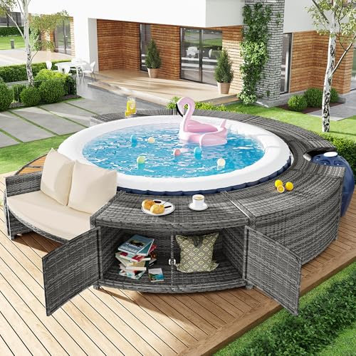 Set lounge da giardino con divano rotondo, set di mobili, lounge per vasca idromassaggio e piscina, con piedini regolabili, cuscino incluso, mobili per terrazza