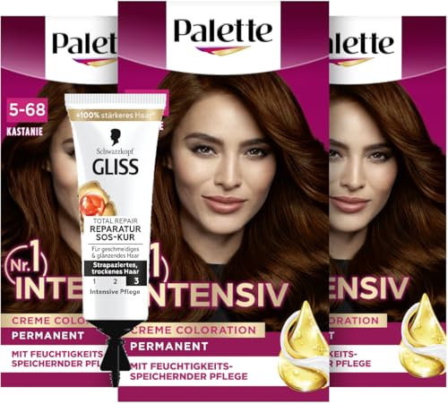 Palette Intensiv Creme Coloration 5-680/650 Kastanie (3x 115 ml), permanente Haarfarbe für leuchtende, langanhaltende Farbbrillanz & SOS-Intensiv-Kur Total Repair (15 ml), Haarkur mit Keratin