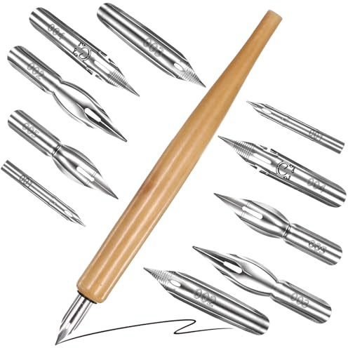 Larrel 11 Pcs Dip Pen，Oblique Calligraphy Dip Pen Set Fluid Writer Pens Holder with 10 Pieces Stainless Steel Pens Replacement Nibs Nib Calligraphy Penes for Writing Painting Signing Sketch