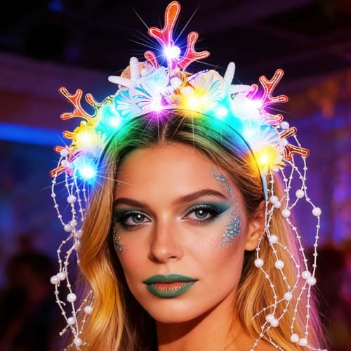 Reaky Leuchtendes Stirnband, LED-Muschel-Haarbänder, leuchtende Korallen-Stirnbänder, Karnevalskostüm, Kopfbedeckung, Haar-Accessoires für Frauen