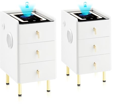 CLIPOP 3 Drawers Bedside Table with LED Lights Set of 2, Slim Bedside Table with Wireless Charging and Bluetooth Speaker, Type-C and USB Charging Ports, Modern Smart Nightstand Cabinet for Bedroom