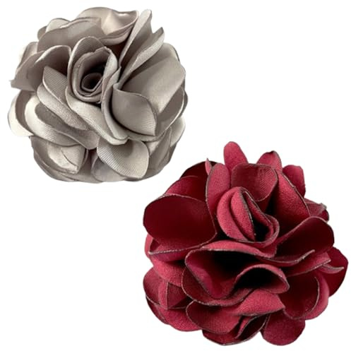 2-in-1 Rosenblumen-Brosche & Haarspange, Rot + Silber, Seide Handmade-Blumen, Passend für Hochzeit/Party/Alltag