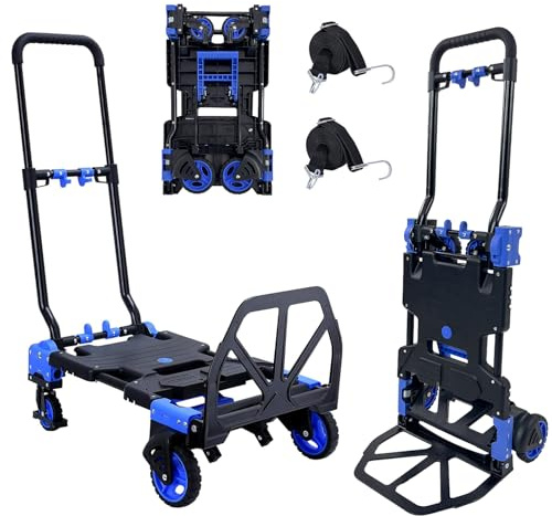 SST Klappbarer Handwagen, tragbarer Klappwagen, 150KG Schwerlast-Gepäckwagen, 2-in-1-Handwagen mit Rädern und Bungee-Seilen für Umzüge, Reisen, Einkäufe, Flughafen