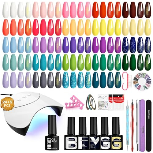 PHOENIXY Kit de esmalte de uñas con lámpara UV 24 colores de esmalte kit capa de mate, brillante, glitter y dorado glitter, Morado Verde Rojo Kit Ideal para salones de uñas y regalo casero DIY