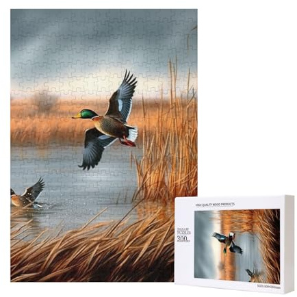 Jagd fliegende wilde Ente 1 gedrucktes Puzzle mit Aufbewahrungsbox, Holzpuzzle für Erwachsene und Kinder, 300 Teile Familienspaß, dekoratives Spiel
