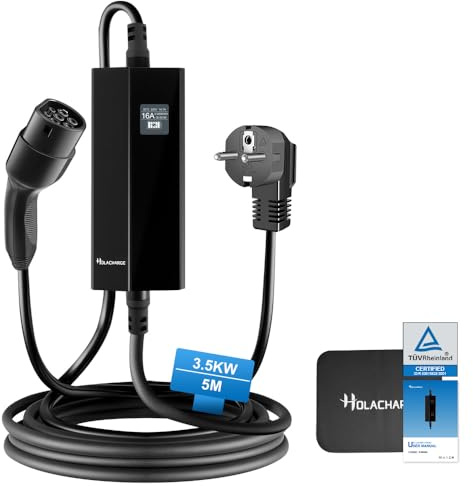 HOLACHARGE TÜV [3,68 kW 5M] Typ 2 tragbarer Wallbox Ladekabel Elektroauto schwarz EV Ladegerät mit Steuerbarer Digitalanzeige und einphasigem EU-Schuko für IEC 62196-2 und PHEV/EV