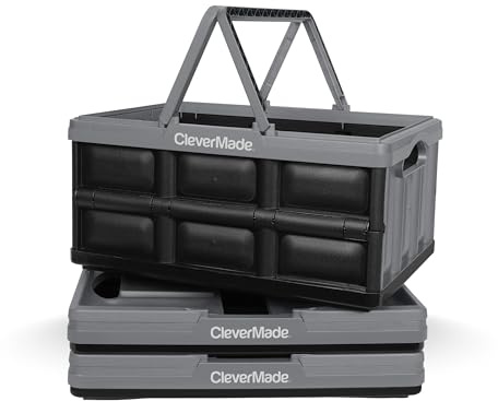 CleverMade Collapsible Shopping Basket 32L, 3 Pack – Folding Grocery Basket with Handles, Stackable Reusable Storage Crate with 35 lb Capacity, Recycled Plastic, Car Trunk Organizer- Stone Gray