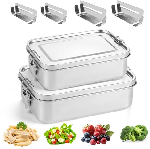 BORDEAG Fiambrera De Acero Inoxidable,2 Piezas 850ml+1400ml Cajas Bento De Acero Inoxidable Con 2 800ML+2 1400ML Compartimentos,Para Ensalada,Adultos, Pan,Almuerzo