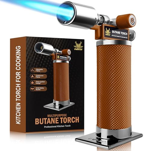 RAVS Butane Torch Lighter, Premium Metal Kitchen Torch with Adjustable Flame & Safety Buckle, Cooking Torch for Creme Brulee, BBQ, Welding, DIY, Brown, Butane Gas Not Included