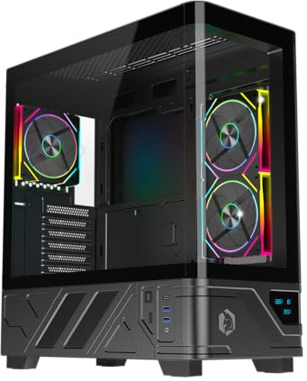 EMPIRE GAMING ECM252 Boîtier PC Gaming Moyen Tour – Écran Digital Intégré (Température CPU/GPU, RPM) – 3 Ventilateurs ARGB – Compatible ATX, Micro-ATX, ITX – USB C (Noir)