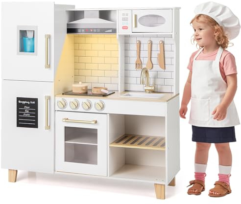 HOMASIS Cuisine de Jeu en Bois avec Lumière et Son, Cuisine Jouet avec 10 Accessoires, Évier, Cuisinière, Hotte Aspirante, Four, Micro-Ondes, Tableau, Barbecue, Machine À Glace (Blanc)