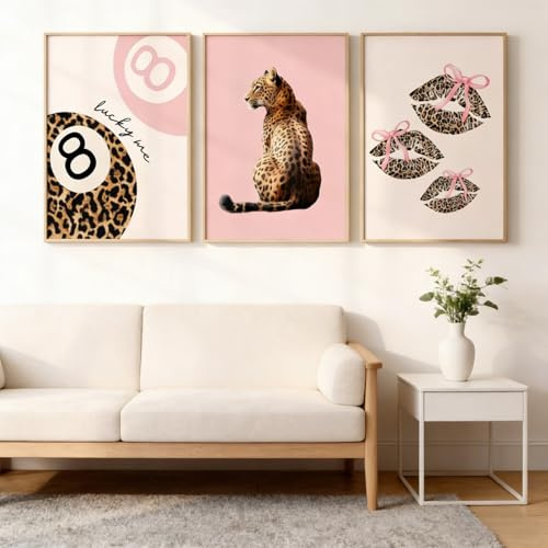 3er Poster Set, Leopardenmuster Bild, Trendy Coquette & Y2K Wandposter, Rosa Leinwanddruck mit 8-Ball Leopard Lippen Bilder, Wanddekoration für Schlafzimmer Mädchenzimmer, Ohne Rahmen (40 x 50 cm)