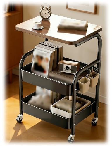 Rolling Storage Trolley with Wooden Top, Lockable Wheels – Multi-Purpose Metal Trolley on Wheels for Living Room, Bedroom, Kitchen(Black,1.44x0.98x2.53 ft)