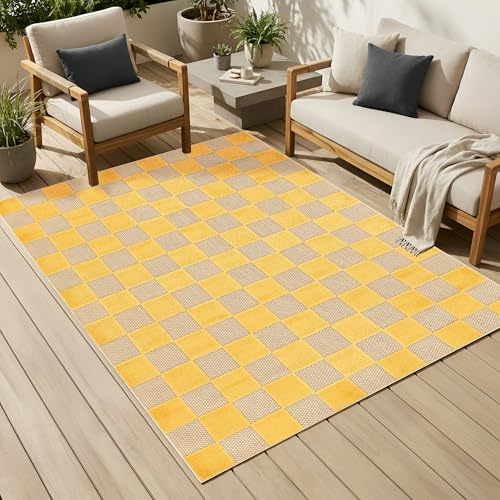 TAPISO Checker Outdoor Teppich Gelb Kariert Wetterfest 80 x 150 cm | Balkon Garten Terrasse Camping - Waschbar UV-beständig Strapazierfähig Outdoorteppich Balkonteppich Indoor Flachgewebe