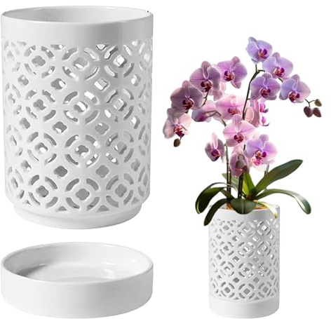 Qoidrfofse Macetas para orquídeas con Agujeros, macetero de cerámica para orquídeas de 4 Pulgadas con Drenaje y platillo, Maceta para Plantas de Interior y Exterior, Color Blanco