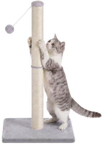 Feandrea Griffoir pour Chat, Poteau à Griffer en Sisal Naturel | Hauteur 84 cm, Base Stable avec Jouet pour Chats Adultes, 40 x 40 x 84 cm, Gris tourterelle, Collection CLAWFY PCA043G101
