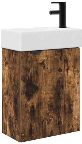XHNIFBN Mueble bajo lavabo con lavabo y grifo, espacio de lavado pequeño para baño de invitados, lavabo colgante moderno, madera de roble ahumado, 45,5 x 22,5 x 84 cm
