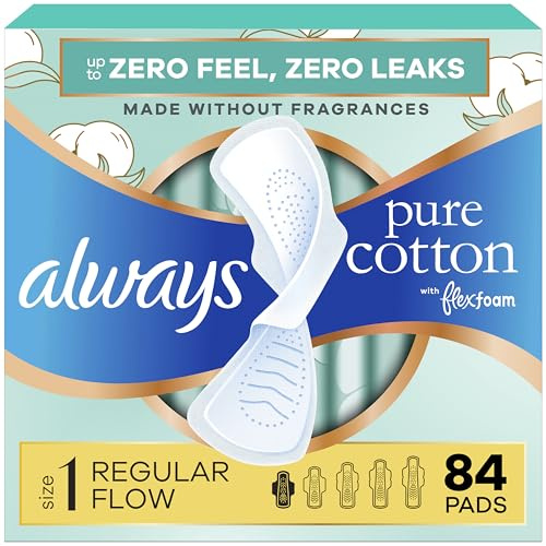 Always Pure Cotton Feminine Pads for Women, FlexFoam Pads with Wings, Size 1, Regular Absorbency, Unscented, 84 Count (3 Packs of 28)