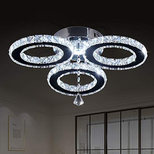 diisunbihuo LED Crystal Pendant Ceiling Light 13x3.5 Inches 3 Rings Crystal Chandelier Flush Mount Lighting Fixture for Bedroom Hobby Living Room (Cool White)