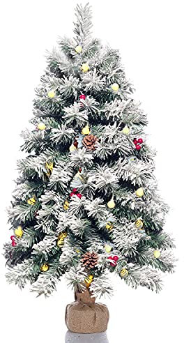 90cm Artificial Christmas Tree with LED Lights,35 Inch Snow Flocked Xmas Pine Tree Decorated with 40 LED Lights,140 Branch White Snow Tips,7 Real Pine Cones, 10 Red Berries and Christmas Snow Tree