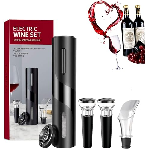Abridor de vino 4 en 1 Juego, sacacorchos eléctrico Portátil, set con cortador de papel de aluminio, Tapón de Silicona de Vacío y Vertedor de Vino