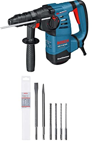 Bosch Professional Bohrhammer GBH 3-28 DFR (Wechselfutter SDS-plus) + 6 tlg. SDS plus-5 Hammerbohrer und Meißel Set (für Beton und Mauerwerk)