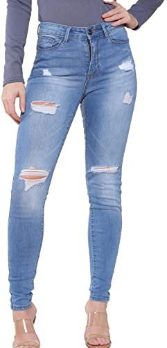 989Zé ENZO EZL417 Womens Jeans Skinny Stretch Ripped Trousers Ladies Denim Slim Fit Pants with Rips Waist Sizes UK 8-20 (10, Light Blue)