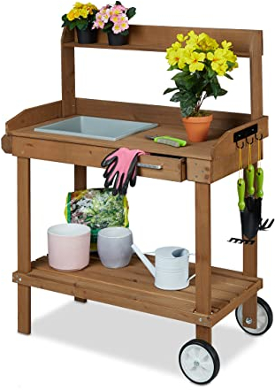Relaxdays Tavolo da Lavoro per Giardinaggio, Ruote, Vasca, Cassetto, Ganci, Legno e Plastica, HLP 120x97x49 cm, Marrone, 1 pz