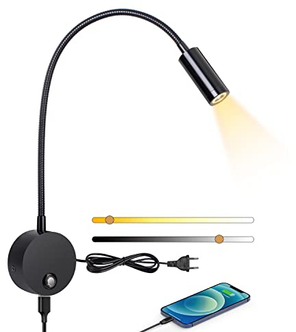 ERWEY Leselampe Wandmontage, LED Wandleuchte Bettlampe mit Schalter Touch Dimmbar und USB-Ladeanschluss, Bett Leselicht 360° Schwenkbar Schwanenhals Lampe für Schlafzimmer, 3000K-6000K, Schwarz