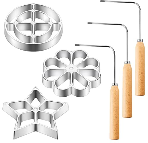 6 Pcs Rosette Iron Mold with Handle Bunuelos Achappam Mold Rosette Iron with Interchangeable Heads Cookie Bunuelos Tool Timbale Aluminum Waffle Molds Star Flower Circle for Kitchen Baking Cooking