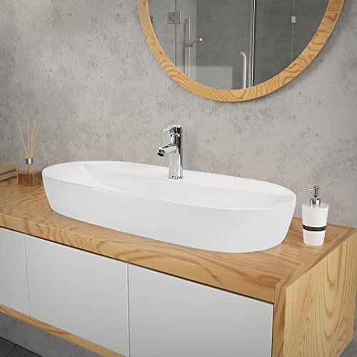 ML DESIGN modern living Lavabo in Ceramica Bianco 80x40x12cm Ovale Lavandino da Appoggio con Foro per Rubinetto Lavello Design Elegante Sanitari per Bagno Scarico Standard 45 mm Resistente ai Graffi