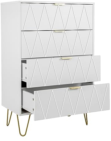 UEV Cassettiera Bianca con 4 Cassetti, Comò Camera da Letto in Legno Ingegnerizzato, Maniglie e Gambe Dorate, Mobile per Soggiorno, 34P x 60l x 91H cm, Bianco