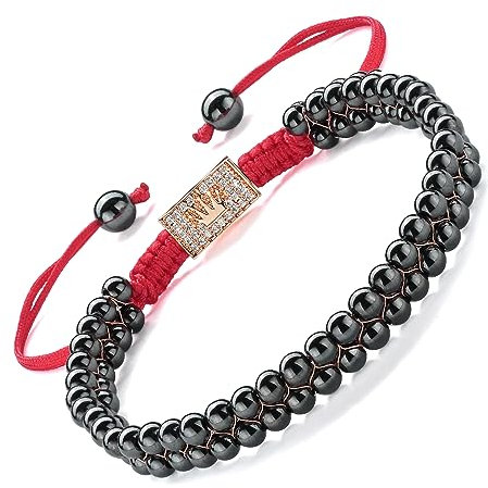 EUMENIDES Hämatit Magnetarmband,18K Gold Magnetarmband,Magnetische Hämatit Armbänder mit 18K Goldperlen，Beseitigen Sie statische Elektrizität (Rotgoldkrone, 4MM)