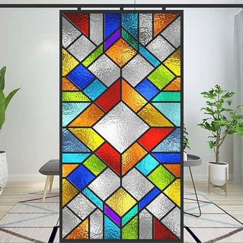 Fensterfolie aus mattem Buntglas-Muster, Wärmeregulierung, Anti-UV-Schutz, klebstofffrei, statisch haftend, Fensterdekoration W27.5 x H59.1(70x150cm)