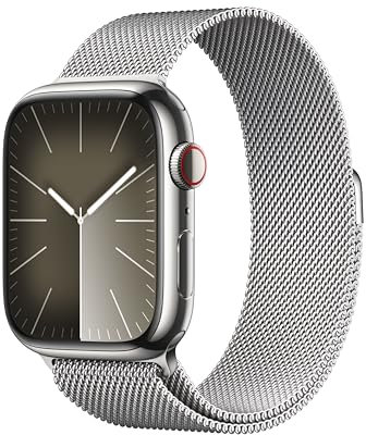 Apple Watch Series 9 GPS + Cellular 45mm Smartwatch con cassa in acciaio inossidabile color argento e Loop in maglia milanese color argento. Fitness tracker, app Livelli O₂, display Retina always-on