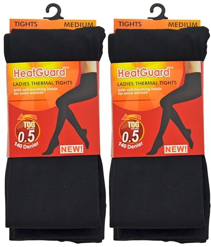 HeatGuard 2 Pairs Ladies Thermal Opaque Tights for Women, Size L, Black