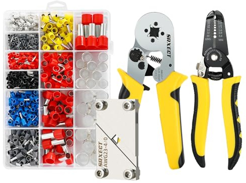 SRXECT Ferrule Crimping Tool Kit，Wire Ferrule Crimper Plier（AWG23-7,Wire Stripper（AWG22-10） and Ferrules Crimper（AWG26-4/0），600PCS Wire Ferrules Kit（AWG22 20 18 16 14 12 10 7 5 4 2 1/0 2/0 3/0）