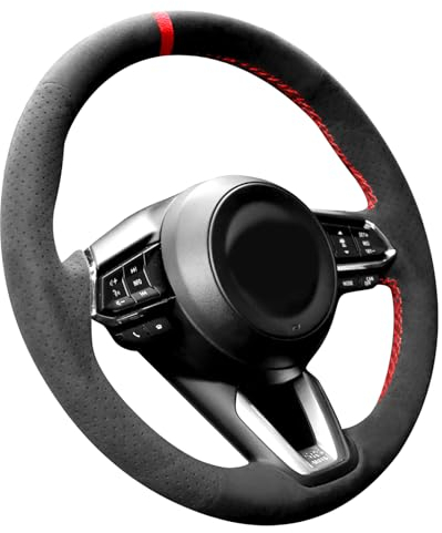 Alfanxi Handgenähter Alcantara-Lenkradbezug, kompatibel mit Mazda 3 Axela Mazda 6 Atenza CX-3 CX-5 CX-9 mit multifunktionalen Tasten 2016–2021 (roter Streifen)