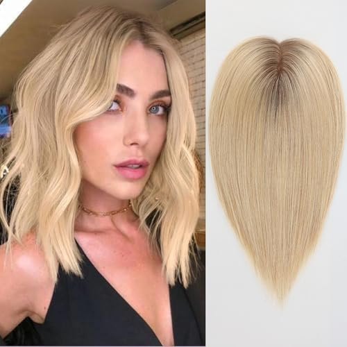 HAIRCUBE Haartopper für Frauen Top Haarteile 100% echtes menschliches Haar ohne Pony Menschenhaartopper mit Schweizer Spitzenbasis handgebundenes Haar verlieren/dünnen graues Haar 14 Zoll ombre blond