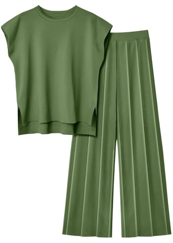 Veriliss Tvådelade kläder för kvinnor, sommartröja, set, stickad, pullover, toppar, elastisk midja, byxor, loungeuppsättning, träningsoverall, gRÖN, XL