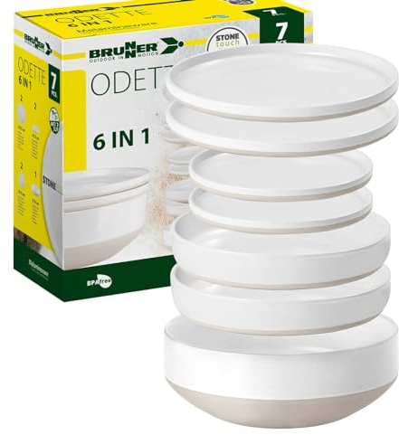 BRUNNER: Melamin Geschirr-Set Camping | 7-Teilig - Teller, Schalen & Salatschüssel für 1-2 Personen | 6-in-1 Set ODETTE - Stapelbar, Kratzfest
