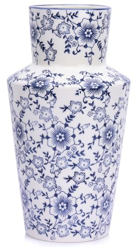 Blau-weiße Blumenvase im Chinoiserie-Stil – 27,9 cm Vintage-Keramikvase für Tafelaufsätze, Chinoiserie-Vase für rustikale Bauernhausdekoration, Blaue Blumenvase, Moderne Bauernhausvase