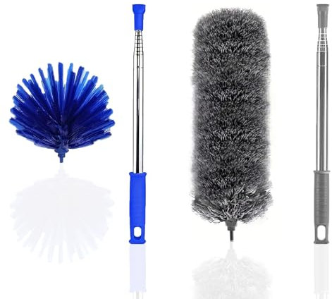 Yuibthr Plumero de telaraña con poste de extensión, cepillo de tela de araña y kit de plumero de techo para limpieza, con 2 plumeros de mango largo de 15 a 100 pulgadas para limpiar ventiladores de