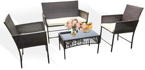 Holywarm Rattan Garden Furniture Set: 4-Piece Outdoor Patio Furniture Set with Table and Chairs, Garden Conversation Bistro Sofa Set for Yard, Pool, or Backyard (Brown + Beige Cushions)