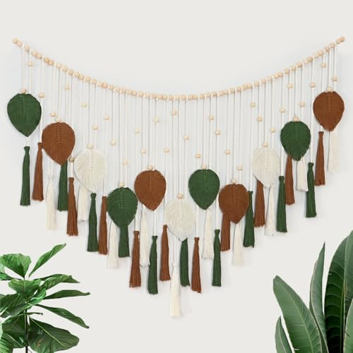 Dremisland stort makramé vägghängande kaffe gröna blad tofs gobeläng med träpärlor handgjorda gobeläng vägghängande boho väggdekoration sovrum vardagsrum barnrum